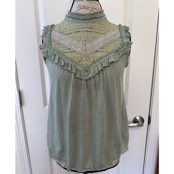 213 Women's sz L Green Lace High Neck Button back Vintage Inspired Anthropologie - Picture 1 of 10